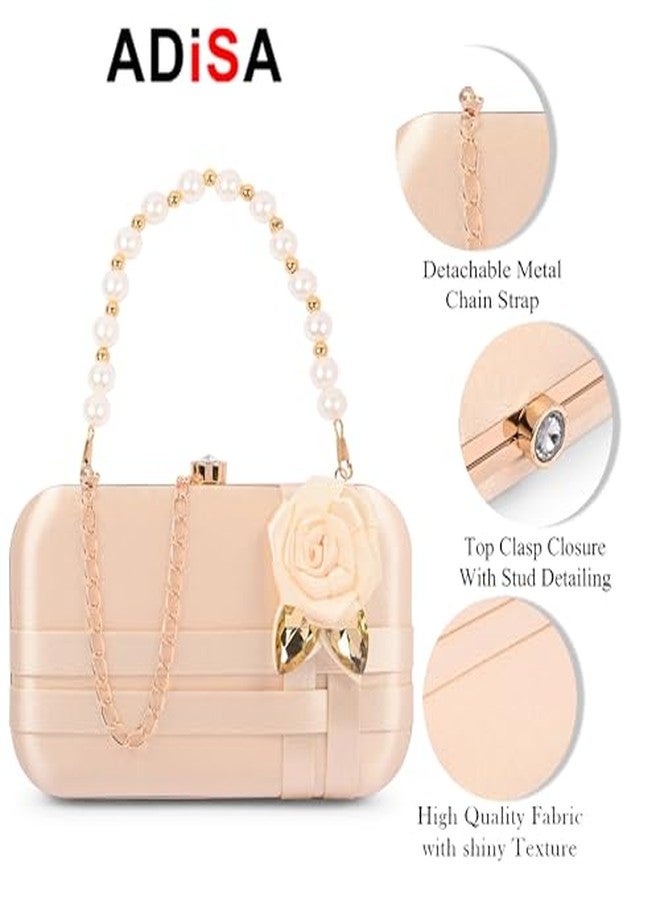 ADISA Studded flower formal party clutch with pearl handle and gold chain for women and girls (CL111-GOL) - Image 4